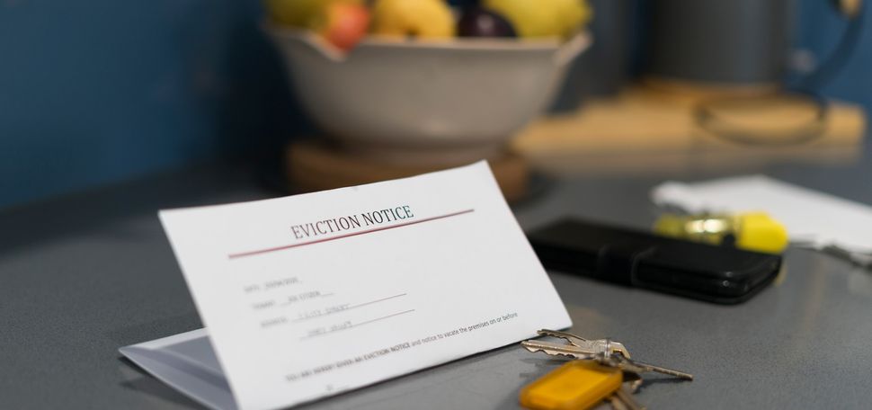 A photo of an eviction notice sitting on a kitchen counter