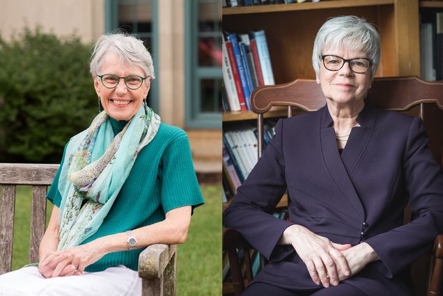Composite image with portraits of Mary Elizabeth Moore (left) and Nancy Ammerman, who are being honored with scholarships to continue their legacy at STH. Moore wears a teal blue sweater and sits on a bench outside, Ammerman wears a purple suit and sits in her study.