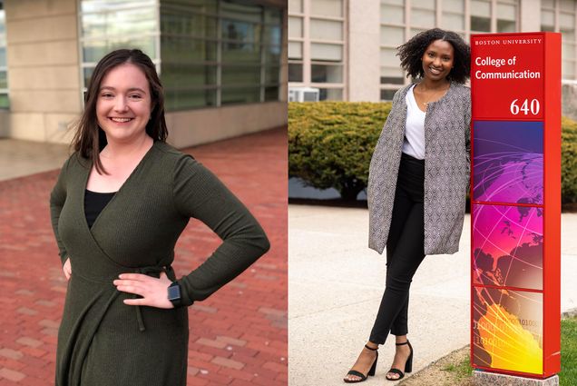 Composite image of Sarah Bickford (CAS’20), left, and Shadae Leslie (COM’20), right. Bickford wears a green dress and poses in front of a building on a brick sidewalk, and Leslie leans against a red "Boston University College of Communication" sign.