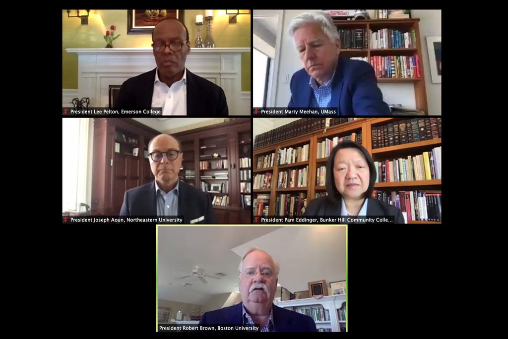Screenshot from zoom event “Chamber Virtual Convening – Future of Boston: Higher Education.” Participants, clockwise, from top left, included President Lee Pelton, Emerson College; President Marty Meehan, UMass, President Joseph Aoun, Northeastern University, President Pam Eddinger, Bunker Hill Community College, and President Robert Brown, Boston University”