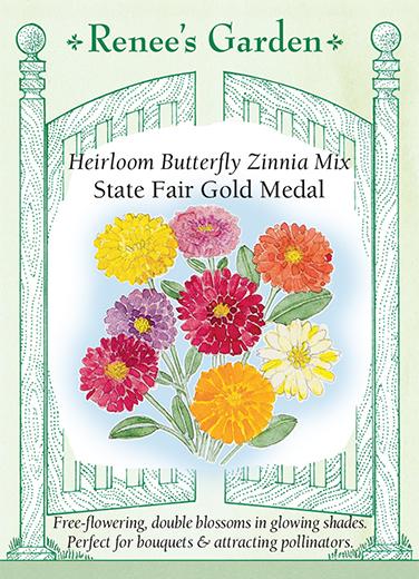 Seed packet artwork for Renee’s Garden Seeds. Packet reads: Heirloom Butterfly Zinnia Miz, State Fair Golf Medal; free-flowering, double blossoms in glowing shades. Perfect for bouquets and attracting pollinators. Watercolor illustration of zinnia’s in pink, purple, orange and yellow.