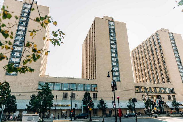 Exterior view of Warren Towers student residence hall at Boston University