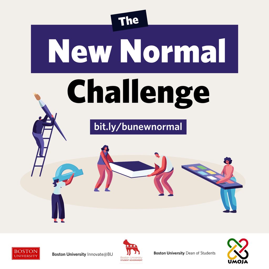 A graphic showing people doing various recreational activities. The title reads "The New Normal Challenge." A URL reads "bit.ly/bunewnormal"