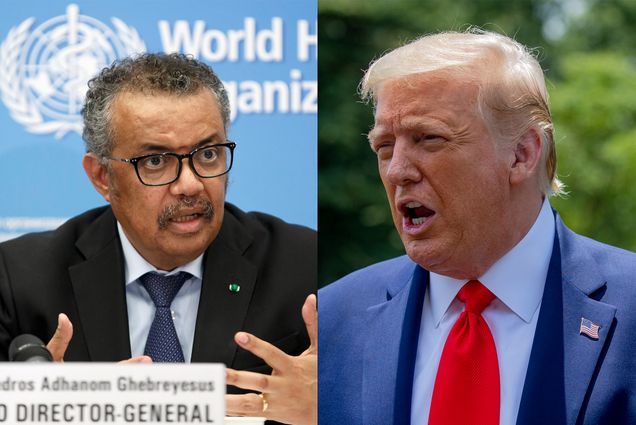 A composite image of the WHO Director-General Tedros Adhanom and U.S. President Donald Trump