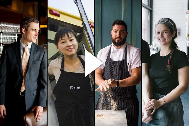 Composite image of Boston restauranteurs and alumni: Andrew Holden (SHA’04), Ali Fong (CAS’01), Michael Lombardi, and Fernanda Tapia (MET’09). Video play button is overlayed.