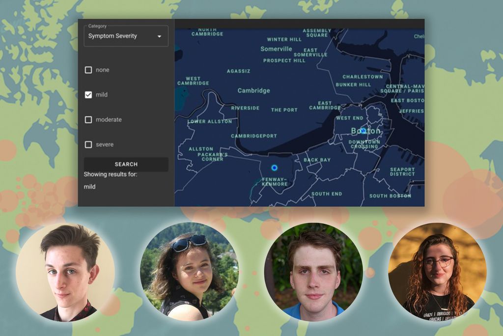 Graphic of Symptom Chatbot team members (from left) Guthrie Kuckes (Pardee’22), Sheila Jimenez Morejon (CAS’22), Frank Pacini (CAS’23), and Jessica Weber (Sargent’22, Pardee’22), with a screen shot from their project.