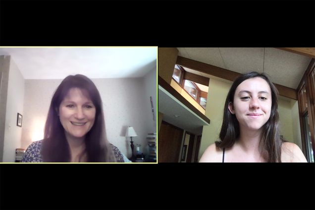 Screenshot of zoom call between Tyler Davis’ and Natalie McKnight, dean of CGS, during a meeting in which they discuss and analyze female-directed films. Both women appear to be zooming in from their homes.