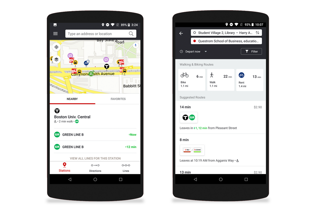 Two android phones with screens from the new transportation app. On the left, You see options for transportations near you, including zip cards, BU shuttles, and MBTA stops. On the right, you see transportation options to get you from the Student Village to Questrom, options include a 6 min bike, a 22 min walk or 13 minute ride.