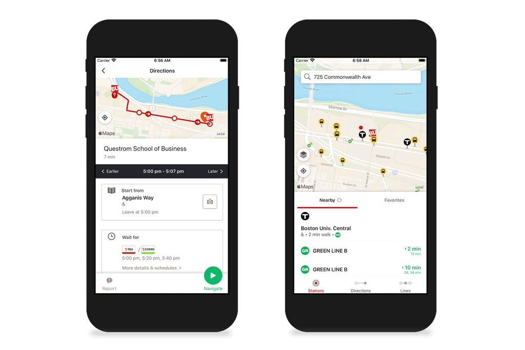 Two apple-style phones with screens from the new transportation app. On the left, you see a red route on a map giving walking directions to Questrom. On the right, you see map pins that show you BU shuttle or MBTA stops near you.