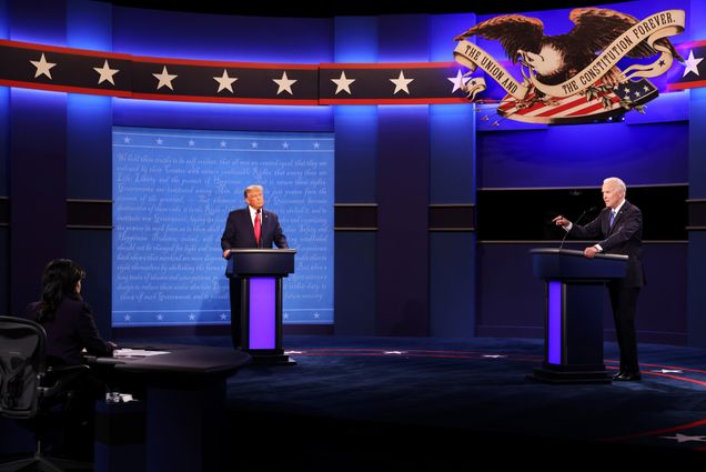A photo of Donald Trump, Joe Biden, and Kristen Welker on the debate stage