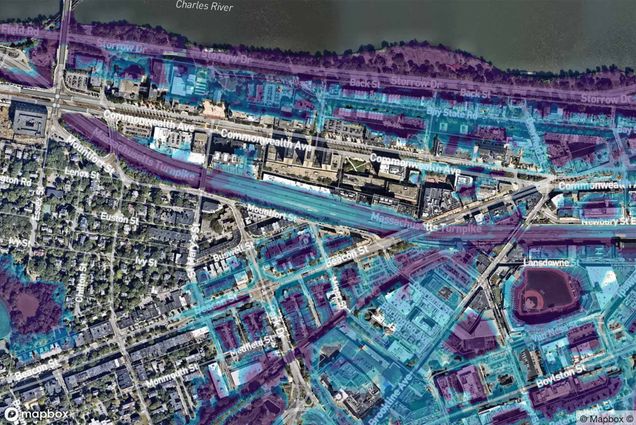 Screenshot taken of a map of the Charles River Campus. The colored sections of the map show portions of the Charles River Campus that could be flooded in 30 years, according to a new report that has grimmer predictions than federal flood models. Maps courtesy of First Street Foundation