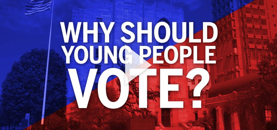 Red and blue image with embedded text that reads 'Why Should Young People Vote?'