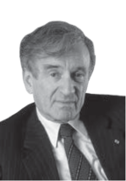 A black and white silhouette portrait photograph of Elie Wiesel.