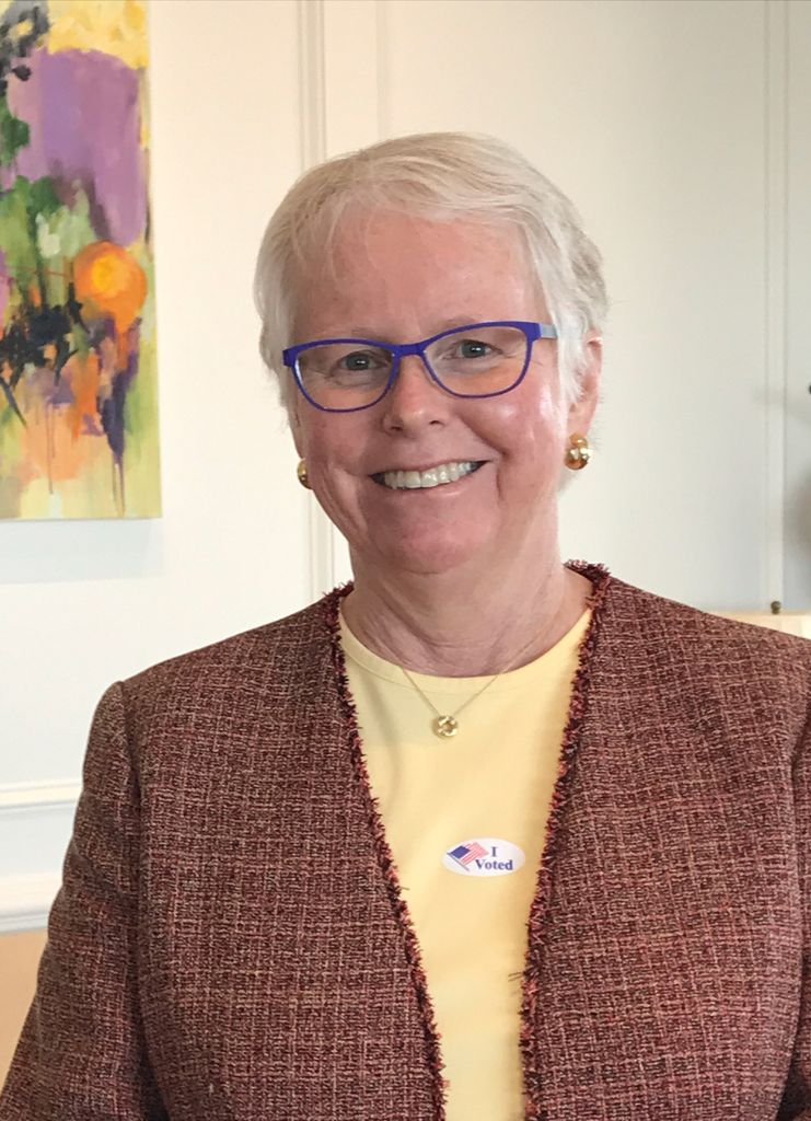 A photo of Jean Morrison wearing an I Voted sticker