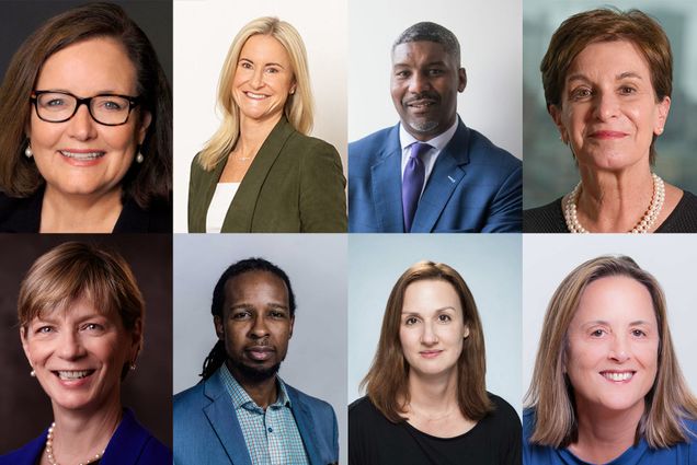 Headshots of Boston Business Journal 50 Leaders Making a Difference with ties to BU. Composite image shows formal headshots in the following order: Kate Walsh, Lori Cashman, Paul Francisco, Jeanette Ives Erickson, Marylou Sudders, Ibram Kendi, Catherine Klapperich, Kate Barrand.