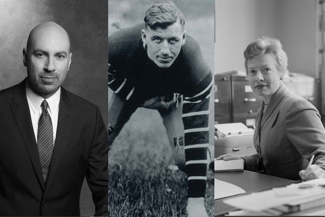 Composite image of black and white photos of the following people: Gary M. Garfinkel (Questrom’84), who stands in a suit and tie, Harold “Spike” Carlson (Questrom’26), in an old-fashioned football uniform, Julia C. Pratt (CAS’48, Hon.’78) at a desk with file cabinets in the background.