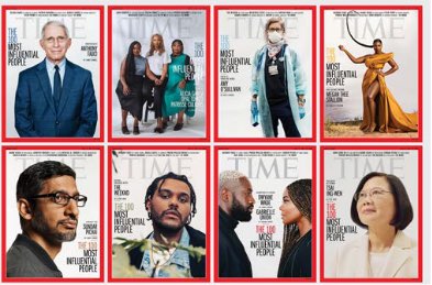 A collection of Time Magazine covers commemorating the release of the 2020 Time100 List. Each magazine cover highlighting a collection of individuals featured on the 2020 list.