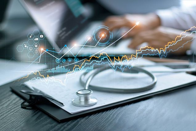 A photo of a stethoscope on a clipboard with data lines overlayed.