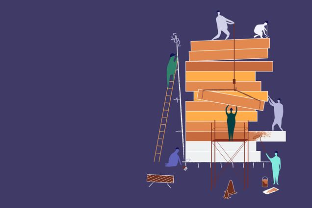 Illustration of figures stacking gray and brown beams on top of each other using ladders, pulleys, scaffolding, and team work. Background is dark purple.