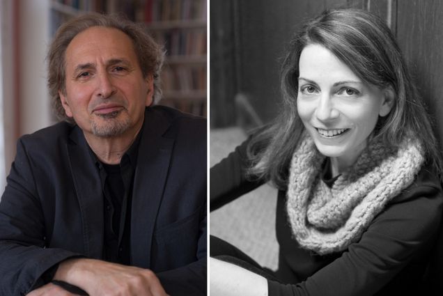 Composite image. On the left, there is a headshot of Pulitzer Prize winner Peter Balakian, who smiles slightly and crosses his hands; he wears a dark suit jacket. On the right, a black and white portrait of Susan Barba (GRS’12) in a scarf, smiling as she sits on the ground.