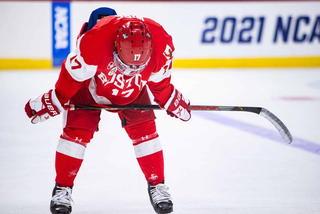 BU Terriers men's hockey player Jake Wise rests during the NCAA regional semi-final game against St Cloud State