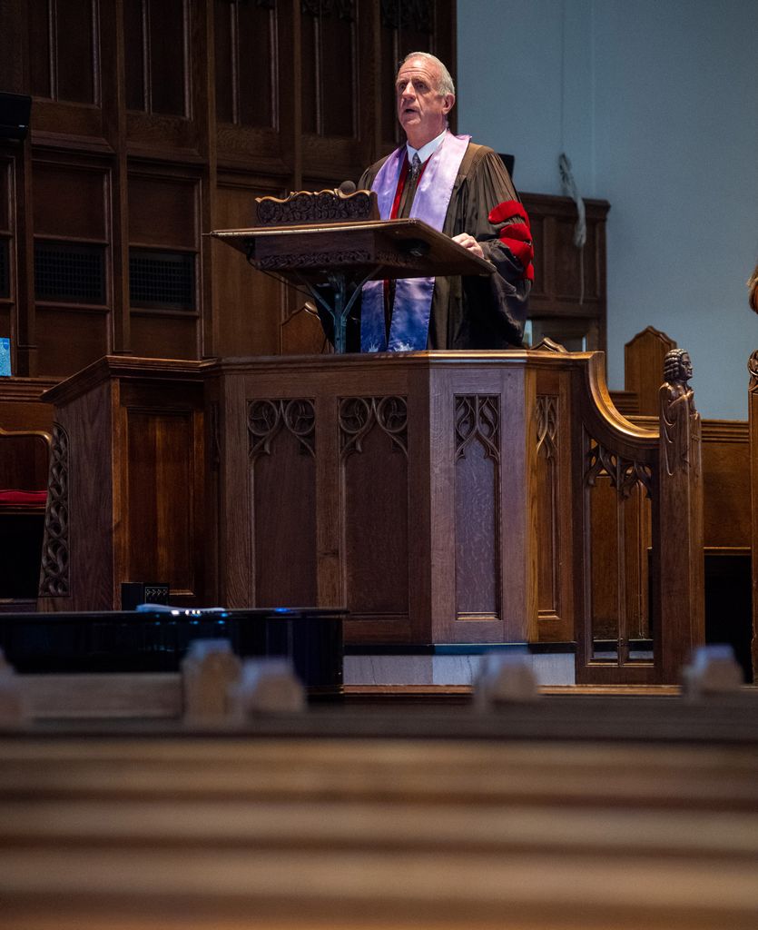 The Reverend Robert Allan Hill, dean of Marsh Chapel, broadcast his sermon in March 2020 as COVID-19 led to suspended in-person Sunday worship, a restriction that remains in effect.