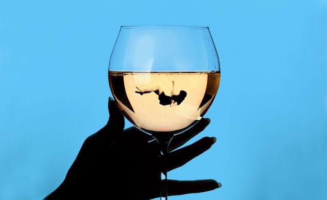 Illustration of a hand darkened in silhouette holding a wine glass filled with a wine white. In the wine glass, a woman floats as if she’s fallen in. The background is bright blue that darkens around the edges.