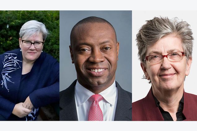 Composite photo of headshots of Rachel Kyte, Tufts University Fletcher School (from left); Marshall Shepherd, University of Georgia; and Madeleine Thomson, Wellcome Trust Our Health, Our Planet.