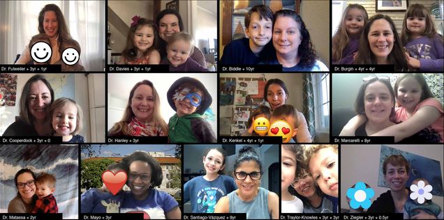 Screenshot of Mothers in Academia Zoom meeting. Mothers are all with their children.