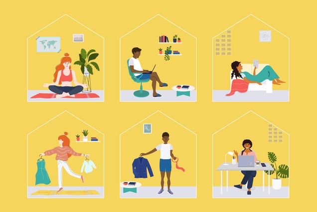 Illustration of three different people, two panels per person, in separate houses, getting ready for virtual interviews. In the first house shape, a woman with red hair does yoga. Next, a man works on his laptop; a women with brown curly hair reads a book on her couch. At bottom left, the woman with red hair picks out an outfit. The man also picks out a suit and tie. Finally, the brown curly-haired women is seen on a video call. The background is bright yellow.