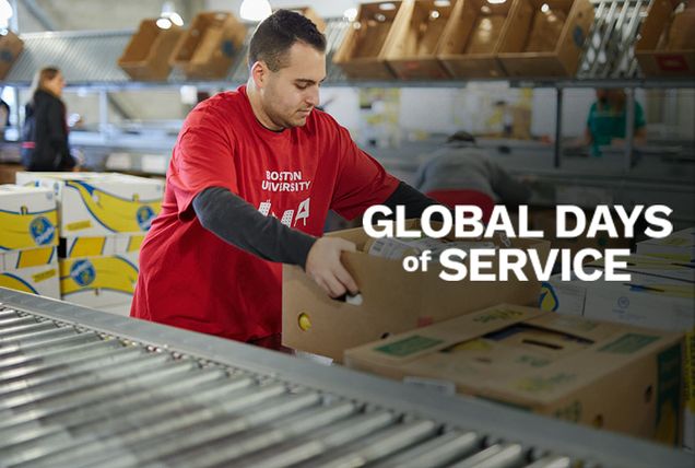 A man lifts a box in a warehouse. Text embedded in the image says 'Global Days of Service'