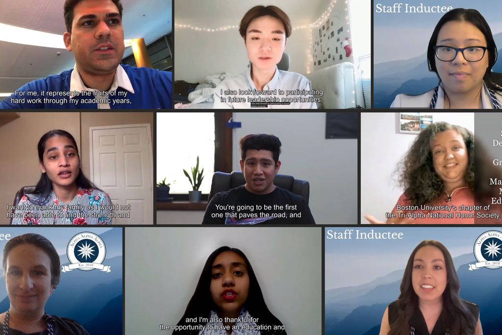 Composite photo of screenshots taken during the induction ceremony, from left to right, top row to bottom First row, left to right Gino Ibanez (LAW ’21), Joon Shin (Wheelock College of Education & Human Development, ’22), Kelly Nguyen-Williams, program administrator, enrollment and student administration, office of the vice president. Second row, l-r : Nicola Mohan (SSW, master’s degree, ’21), Hector Grande (ENG, ’25), Starr Desmmond, (CFA ’21, master’s degree) Third row, l-r: Christina Michaud, master lecturer, CAS writing program.