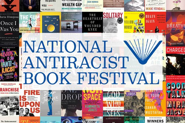 A photo of the poster for the National Anitracist Book Festival. The poster features book covers and under the words "National Antiracist Book Festival."
