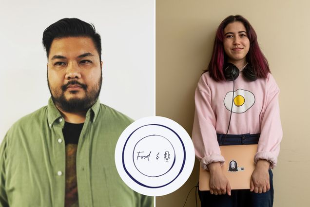Composite image of Food & producer Kenrick Mercado (MET’22), (left), and frequent host Elizabeth Weiler (MET’23), with the blue and white Food & Podcast logo in between them. Mercado wears a green button down shirt, Weiler wears a pink sweater with a fried egg on it and has headphones around her neck.