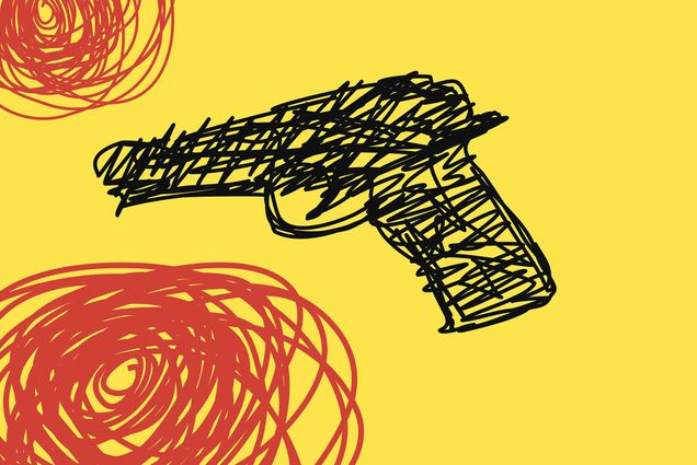 Illustration of a handgun and pools of red blood scribbled in marker
