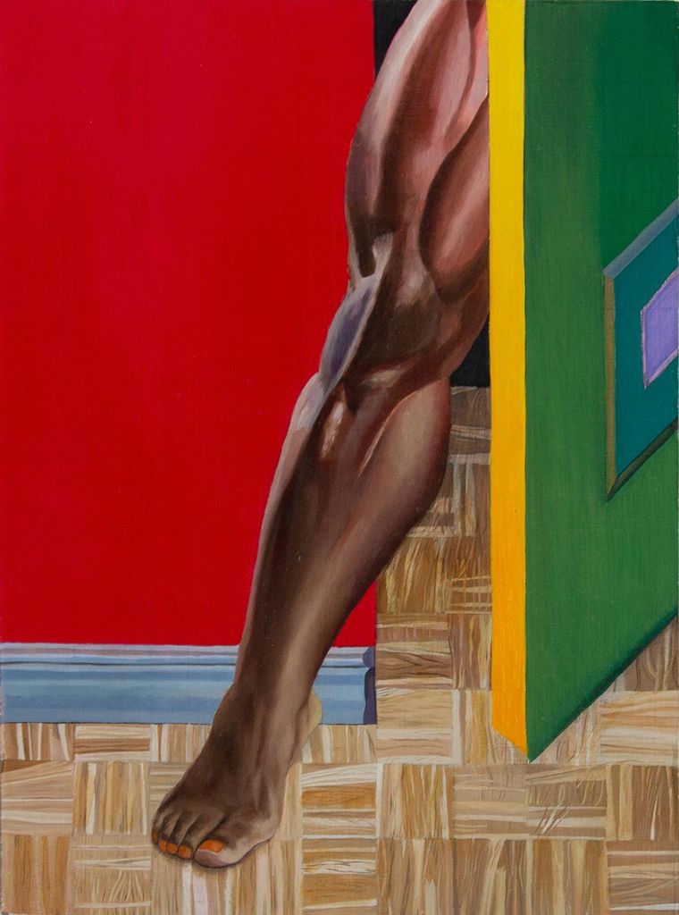 Painting of a muscular leg stepping out of a door painted green and yellow. The wall behind the leg is red and the floor is wooden, textured squares.