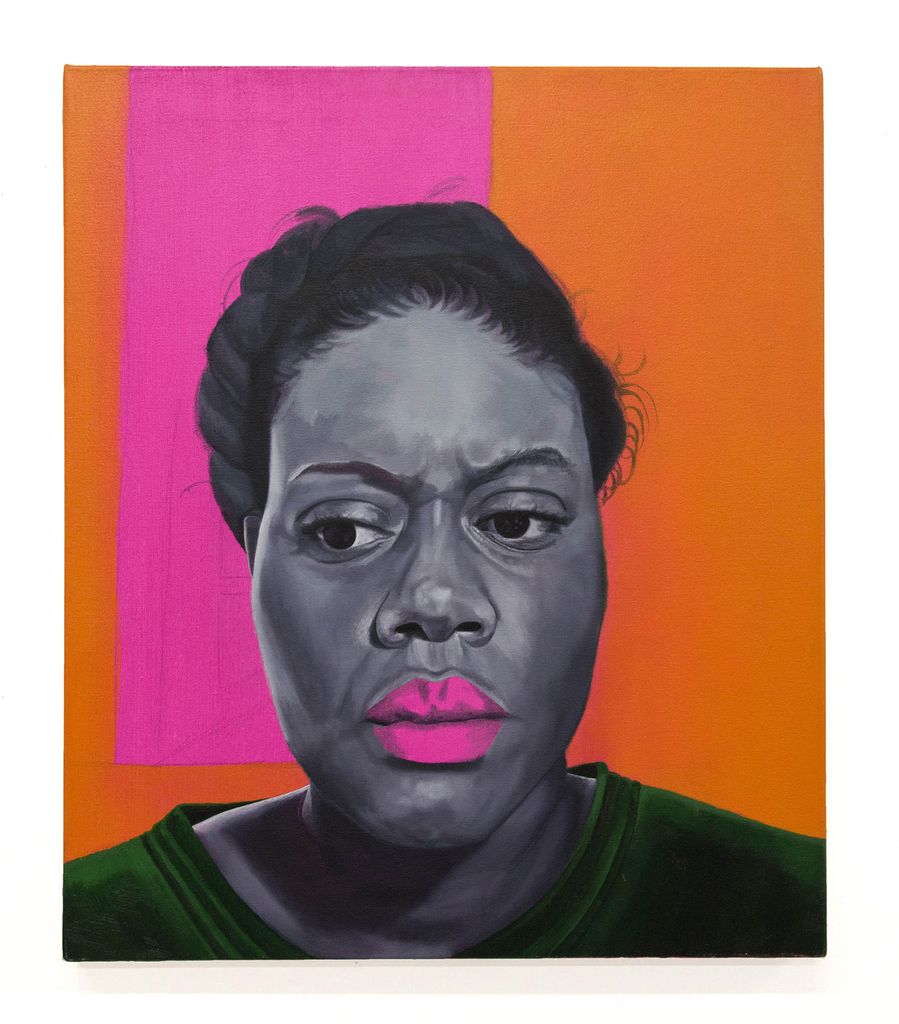 The painting has a bright orange and pink background and features a black and white self-portrait where Shantel is pictured with bright pink lips. Her hair is pulled back and she looks off slightly to her right.