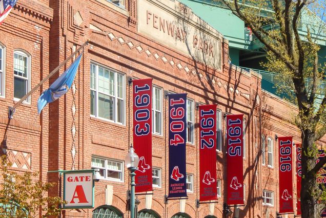 A photo of the facade of Fenway Park