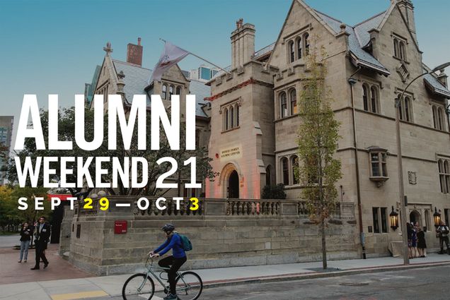 Photo of the Dahod Family Alumni Center at the castle at sunset as someone rides by on a bike. Overlay reads in large white block letters “Alumni Weekend 21, Sept 29-Oct 3”