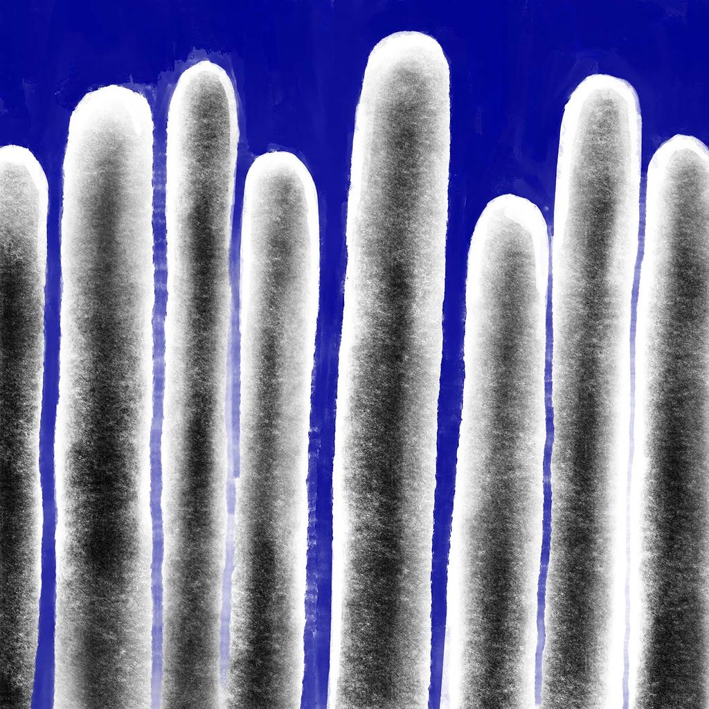 Untitled Artwork 3.5 by Kamal Ahmad, featuring white a gray lines extending upwards on a vibrant blue background.