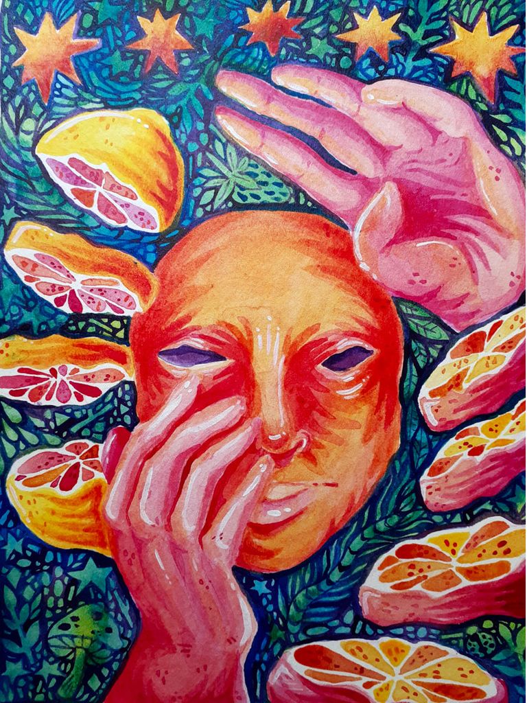 Painting by Ash Vasquez that features an orange, mask-like face, with a hand touching its nose, surrounded by cross sections of oranges, with another hand in the top right.