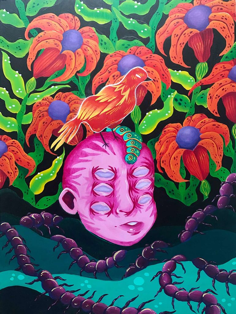 Painting by Ash Vasquez that features a pink head with 6 eyes. A bright red bird stands atop the head, which is flanked by centipedes and bright orange and purple flowers.