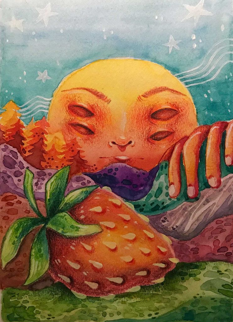 Painting by Ash Vasquez (CFA’25) featuring a four-eyed, orange face peering over a landscape that features a large strawberry. The background is light blue with white stars.