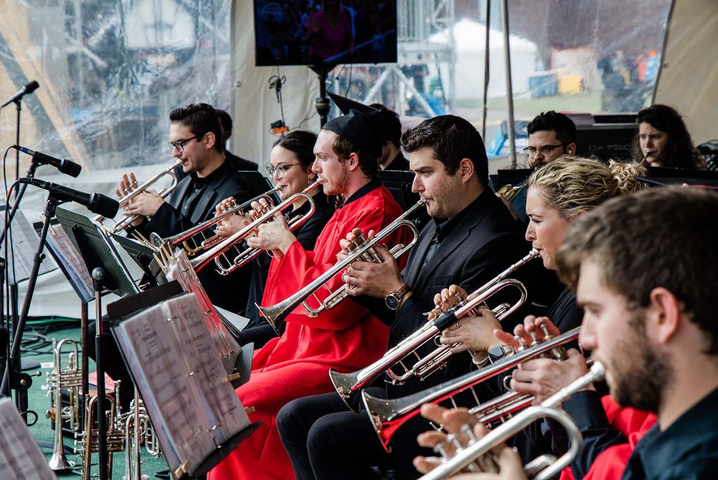 A brass ensemble performs during Boston University's 147th Commencement.