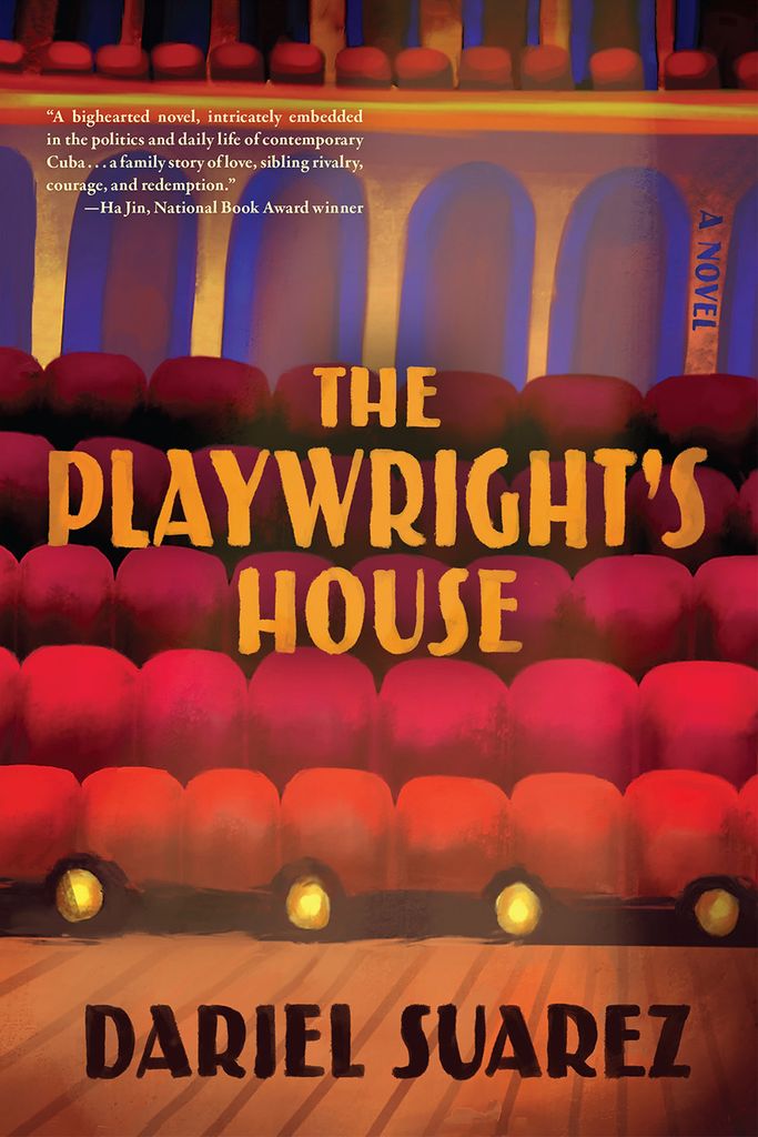 image of the cover of Dariel Suarez's book "The Playwright's House". The orange title is overlaid over a painting of the inside of theatre.