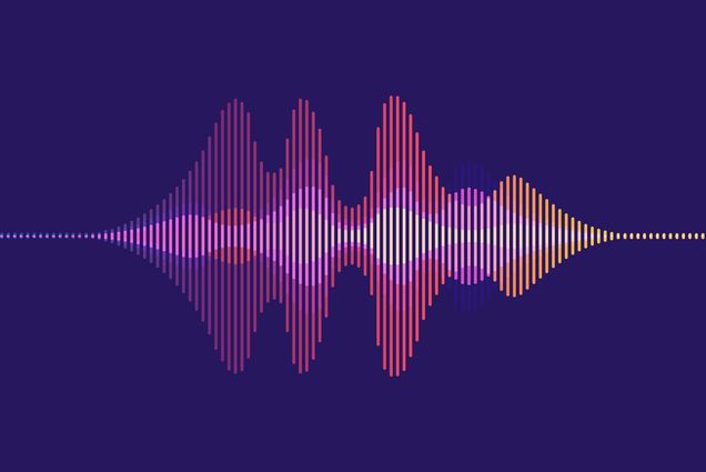 image of an abstract, yellow and red motion sound wave on a dark purple background.