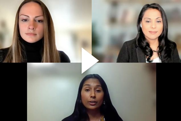 Screenshot of Kat J. McAlpine, Nahid Bhadelia, and Syra Madad talking via Zoom. All 3 look at the screen with backgrounds blurred. White triangle play button is overlaid.