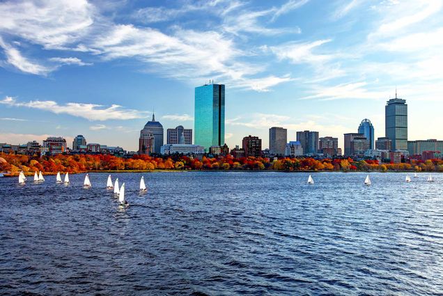 Photo taken on the Charles River, looking from the Longfellow Bridge down river towards the Prudential. A group of white sail boats are seen, and the trees along the river have autumn-colored leaves.