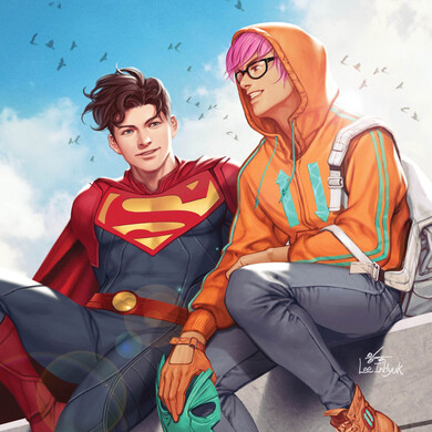 image of superman sitting next to his boyfriend from the newest issue of the comic. They sit on the ledge of a rooftop as lightly cloudy blue skies  serve as a background.