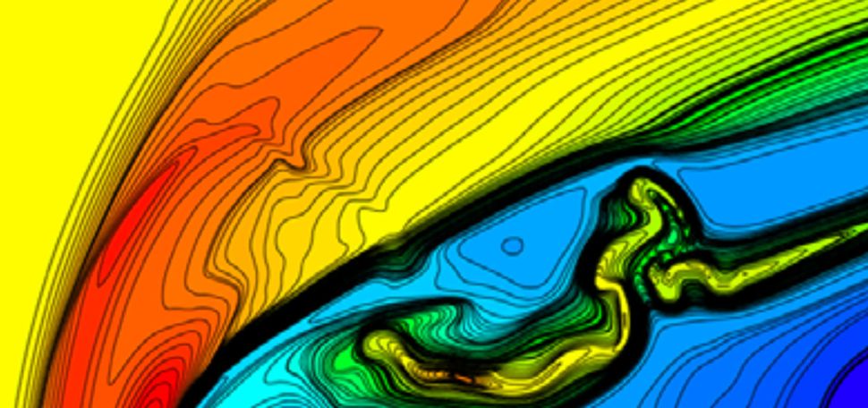 a model of a heliosphere magnetic field. image shws a rainbow of colors winding and intersecting as if in water.